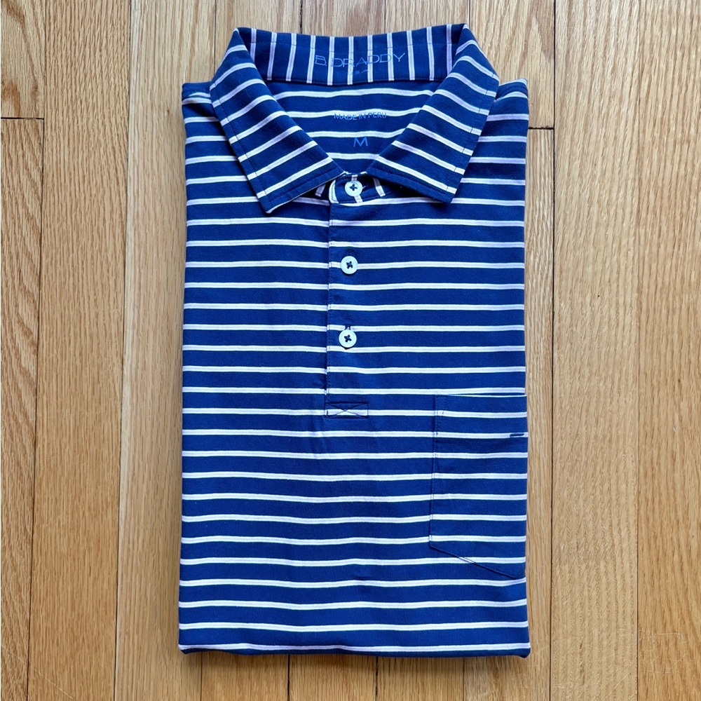 B. Draddy USA Men’s Short Sleeve Golf Polo Shirt Medium Blue Pink White Stripes